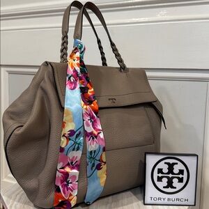 Tory Burch Tote Half Moon Taupe Pebbled Leather Bag